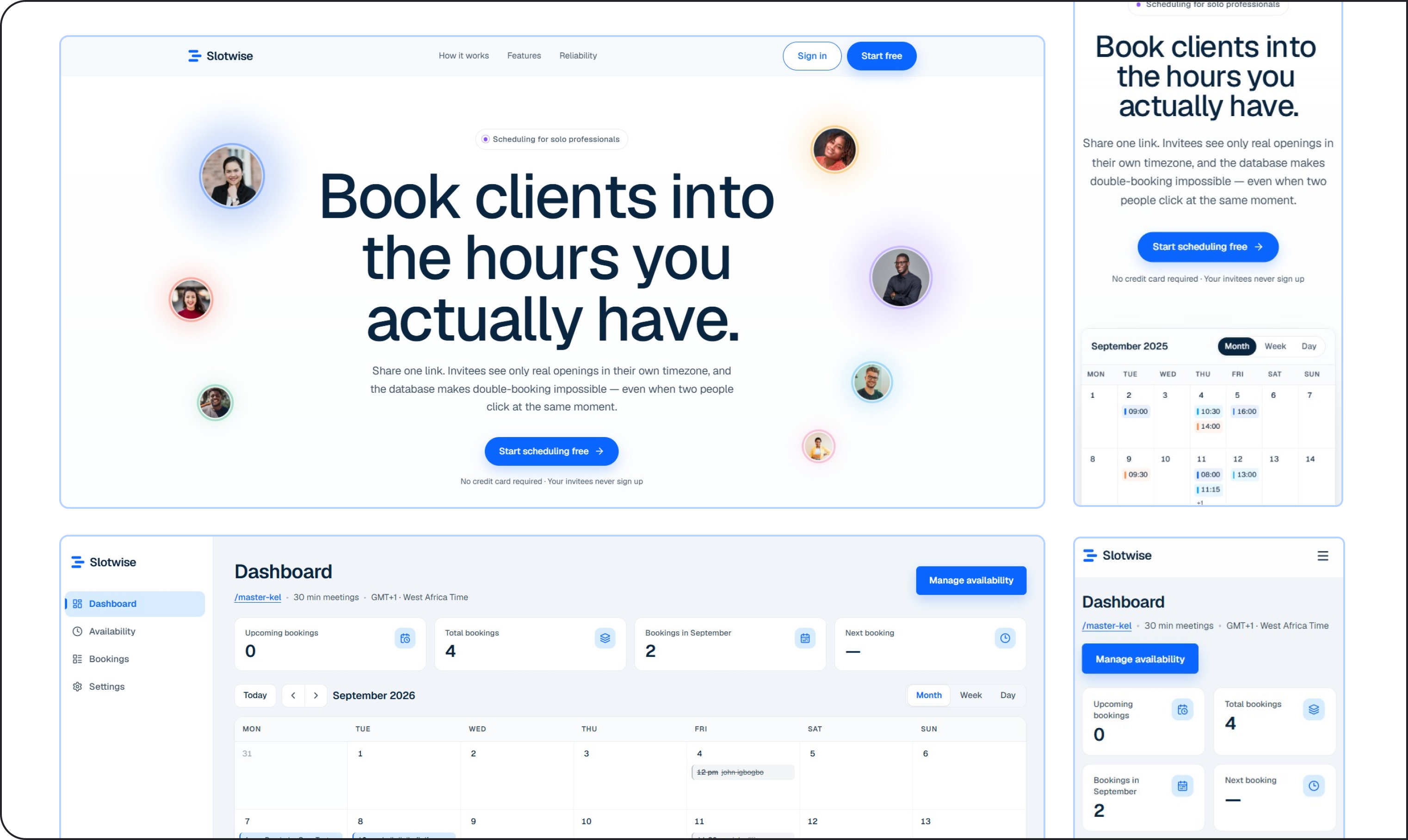 Slotwise scheduling product across its landing page and dashboard